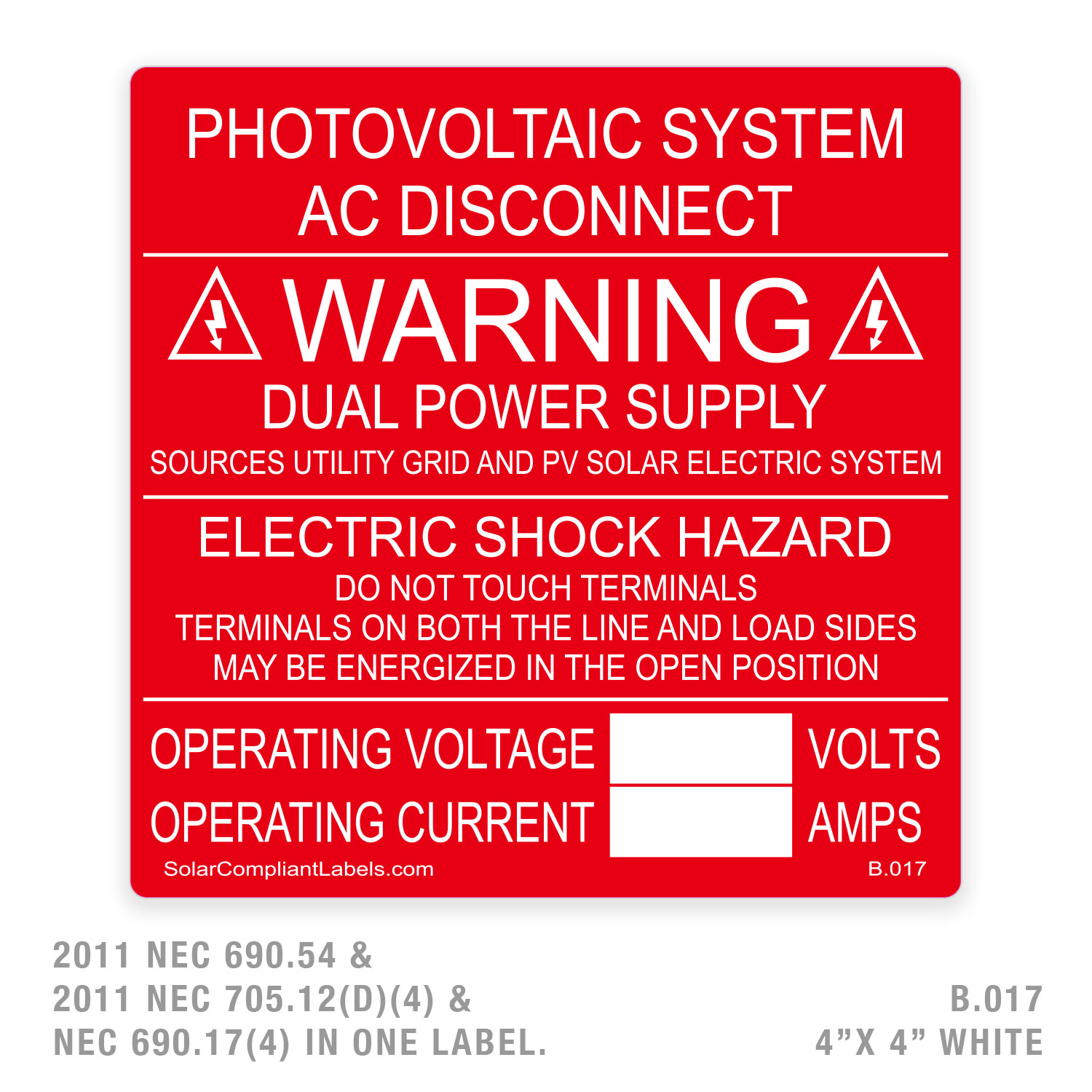 Photovoltaic Ac Disconnect Hazard Hazard Labels LABEL DECAL STICKER