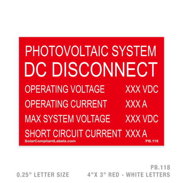 DC DISCONNECT - 118 PLACARD