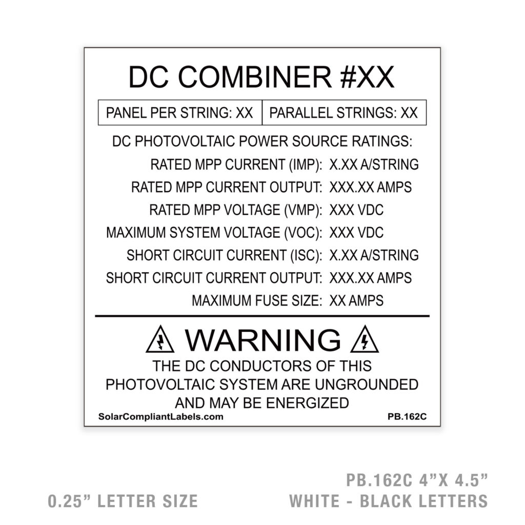 String Combiner Labels CUSTOM COMBINER – 162 PLACARD | SOLAR COMPLIANT LABELS